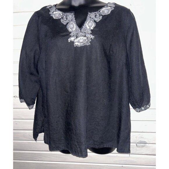 Edward Woman Sz PLUS 2X Black Silver Embroidered Beaded Linen Top Lagenlook EUC - Picture 2 of 8